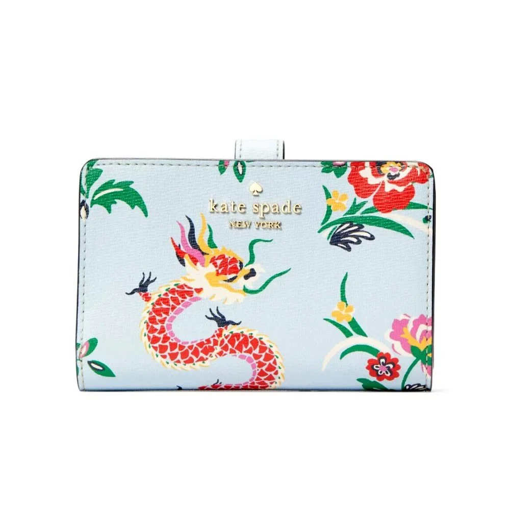 New Kate Spade Dragon Printed Medium Compact Bifold Wallet Flame Multi